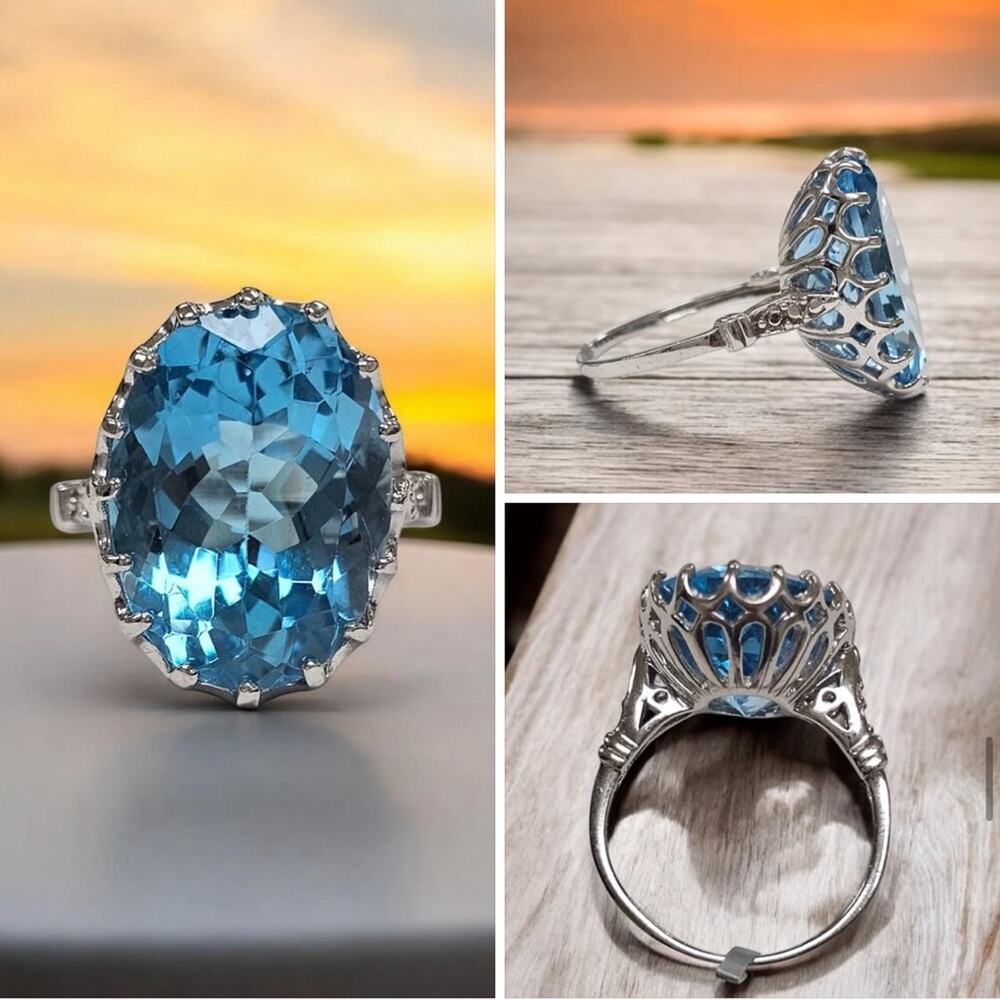 Genuine 16ct Blue Topaz Ring 925 Sterling Silver Rhodium Plated Size 7.75 - Picture 3 of 7